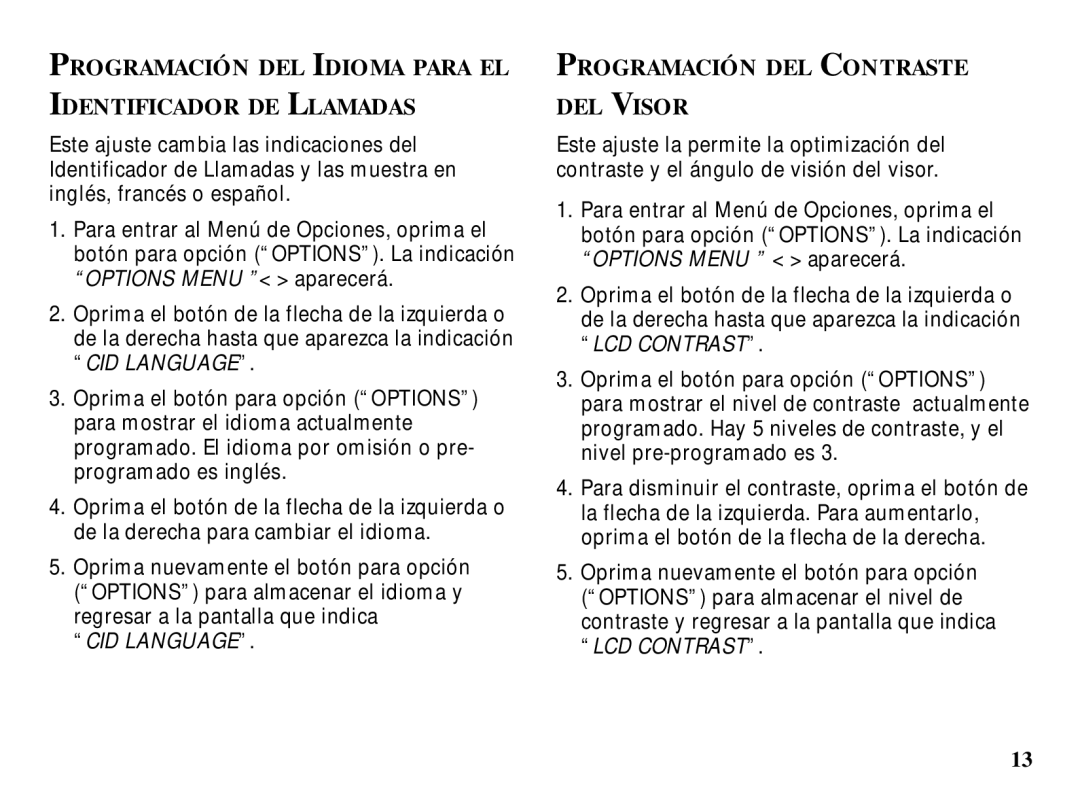 RCA 29086 manual Programación DEL Idioma Para EL Identificador DE Llamadas, Programación DEL Contraste DEL Visor 