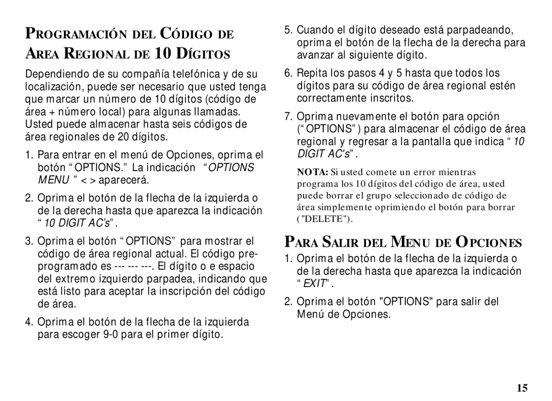 RCA 29086 manual Programación DEL Código DE Area Regional DE 10 Dígitos, Para Salir DEL Menu DE Opciones 