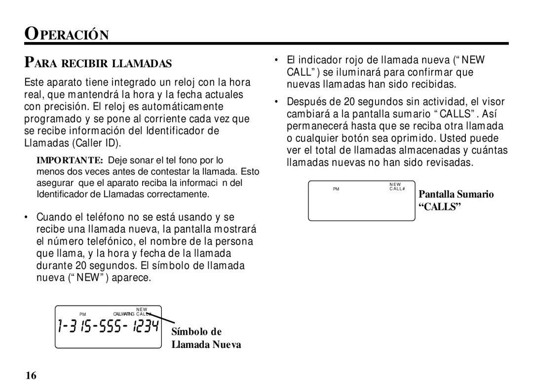 RCA 29086 manual Operación, Para Recibir Llamadas, Calls 