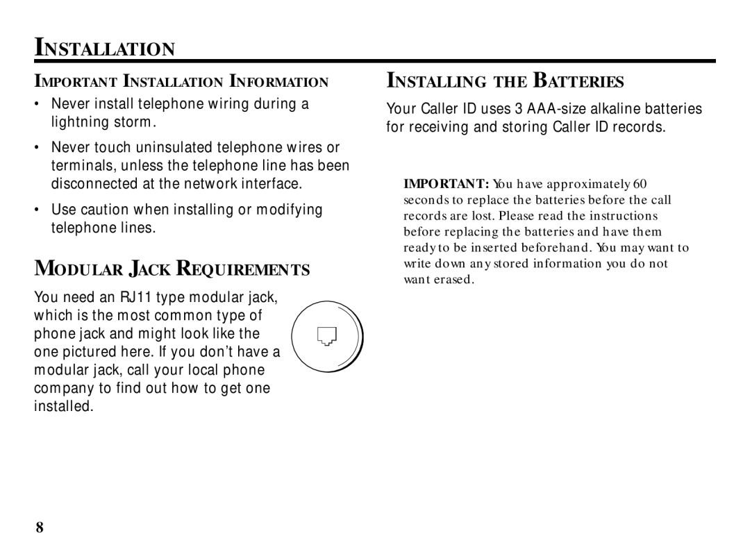 RCA 29086 manual Installation, Modular Jack Requirements, Installing the Batteries 