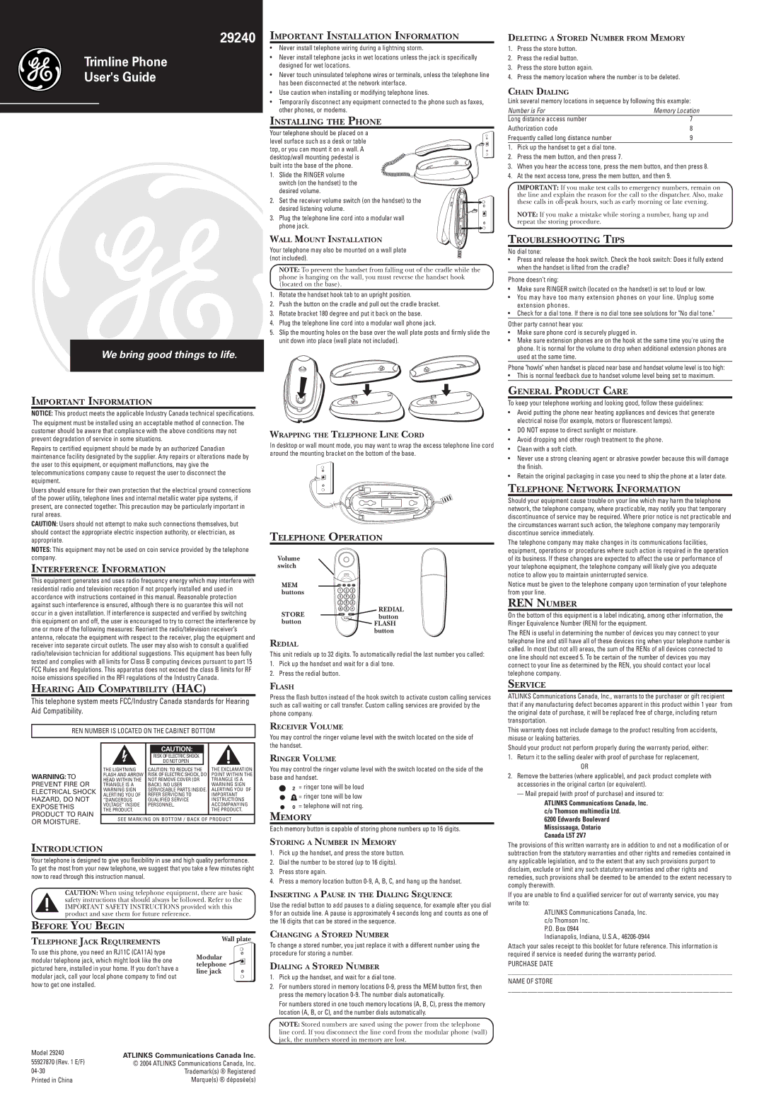 RCA 29240 technical specifications Important Information, Interference Information, Hearing AID Compatibility HAC, Memory 