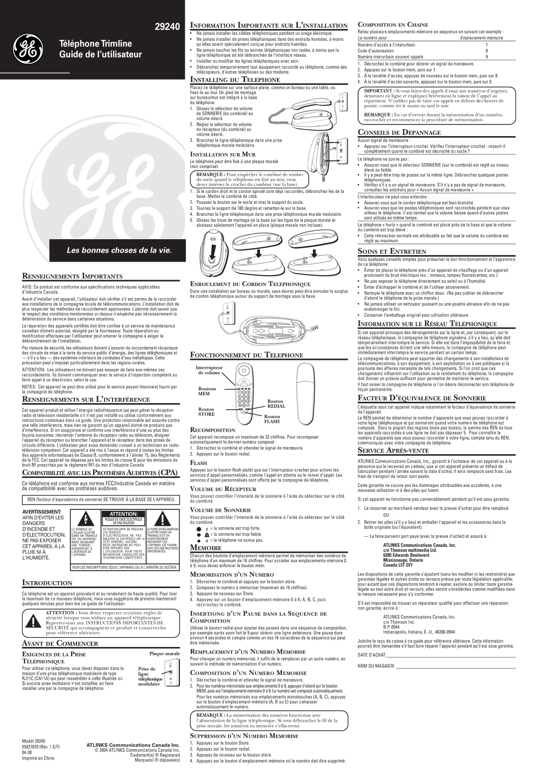 RCA 29240 Renseignements Importants, Information Importante SUR L’INSTALLATION, Installing DU Telephone, Introduction 