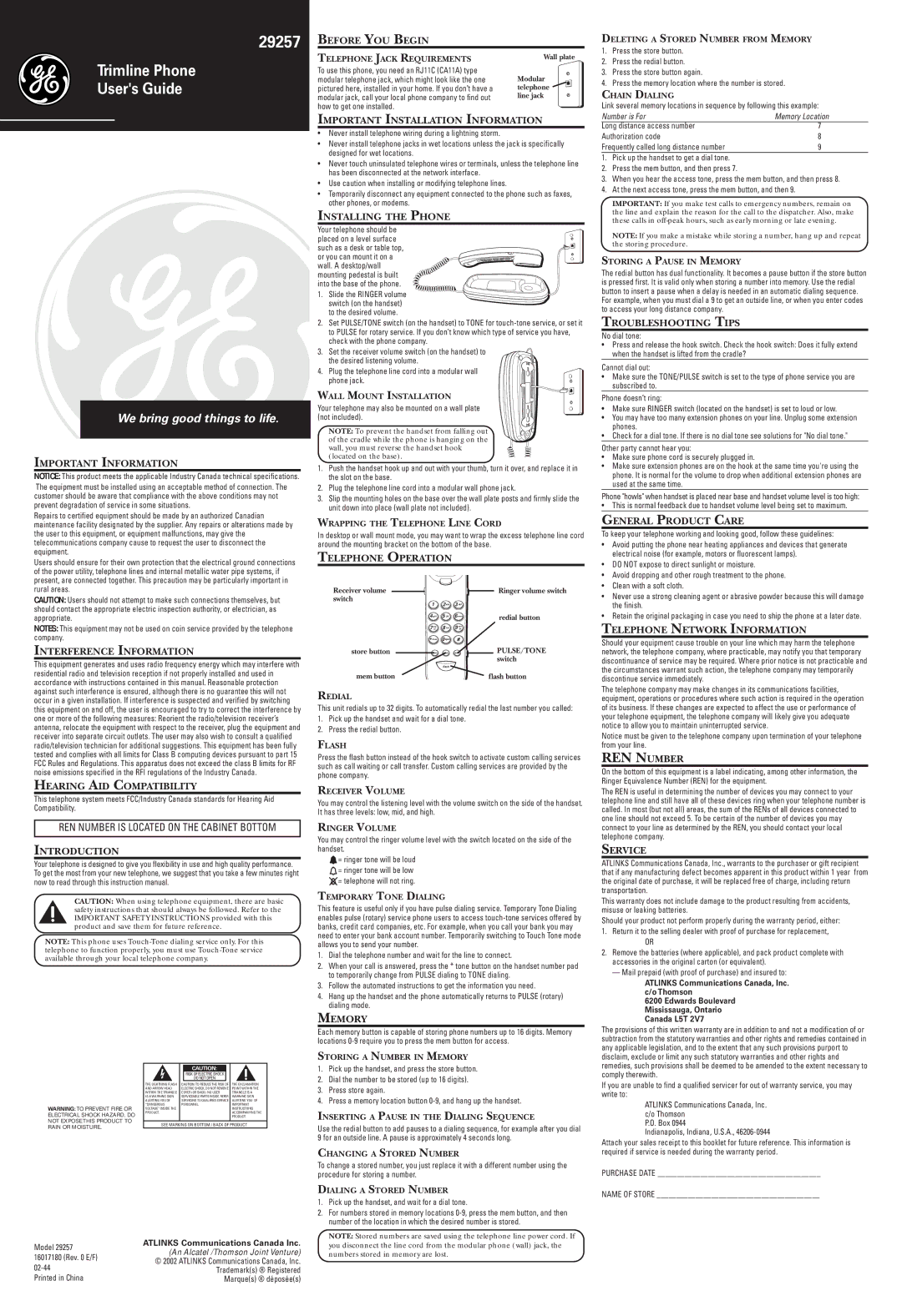 RCA 29257 technical specifications Important Information, Interference Information, Hearing AID Compatibility, Memory 