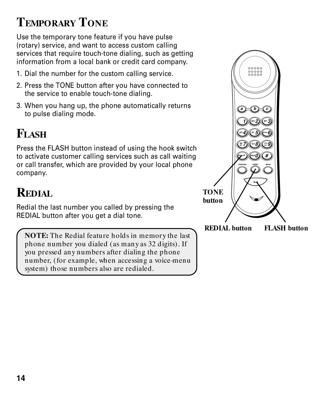 RCA 29292 manual Temporary Tone, Flash, Redial 