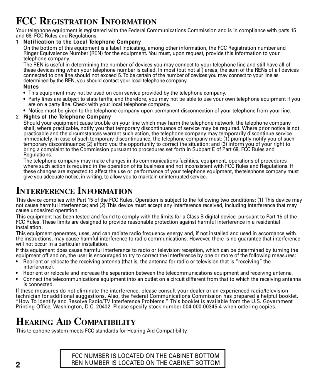 RCA 29292 manual FCC Registration Information, Interference Information, Hearing AID Compatibility 