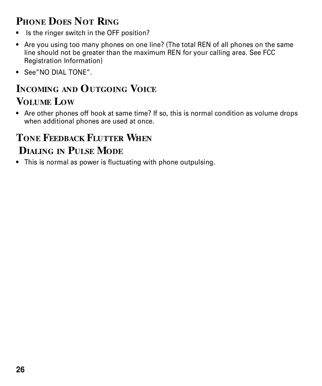 RCA 29292 Phone does not Ring, Incoming and Outgoing Voice Volume LOW, Tone Feedback Flutter When Dialing in Pulse Mode 