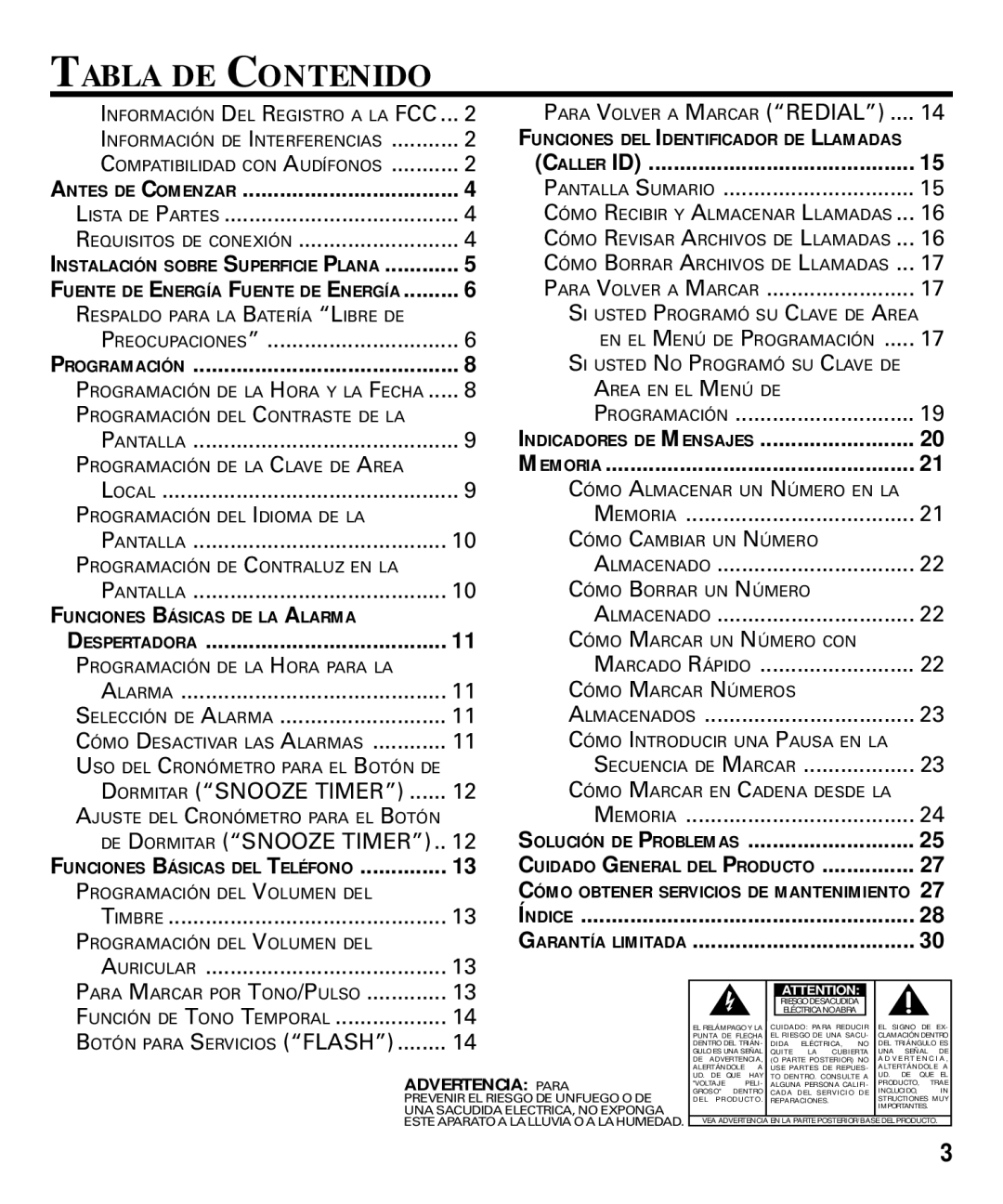 RCA 29292 manual Tabla DE Contenido, Para Volver a Marcar Redial 