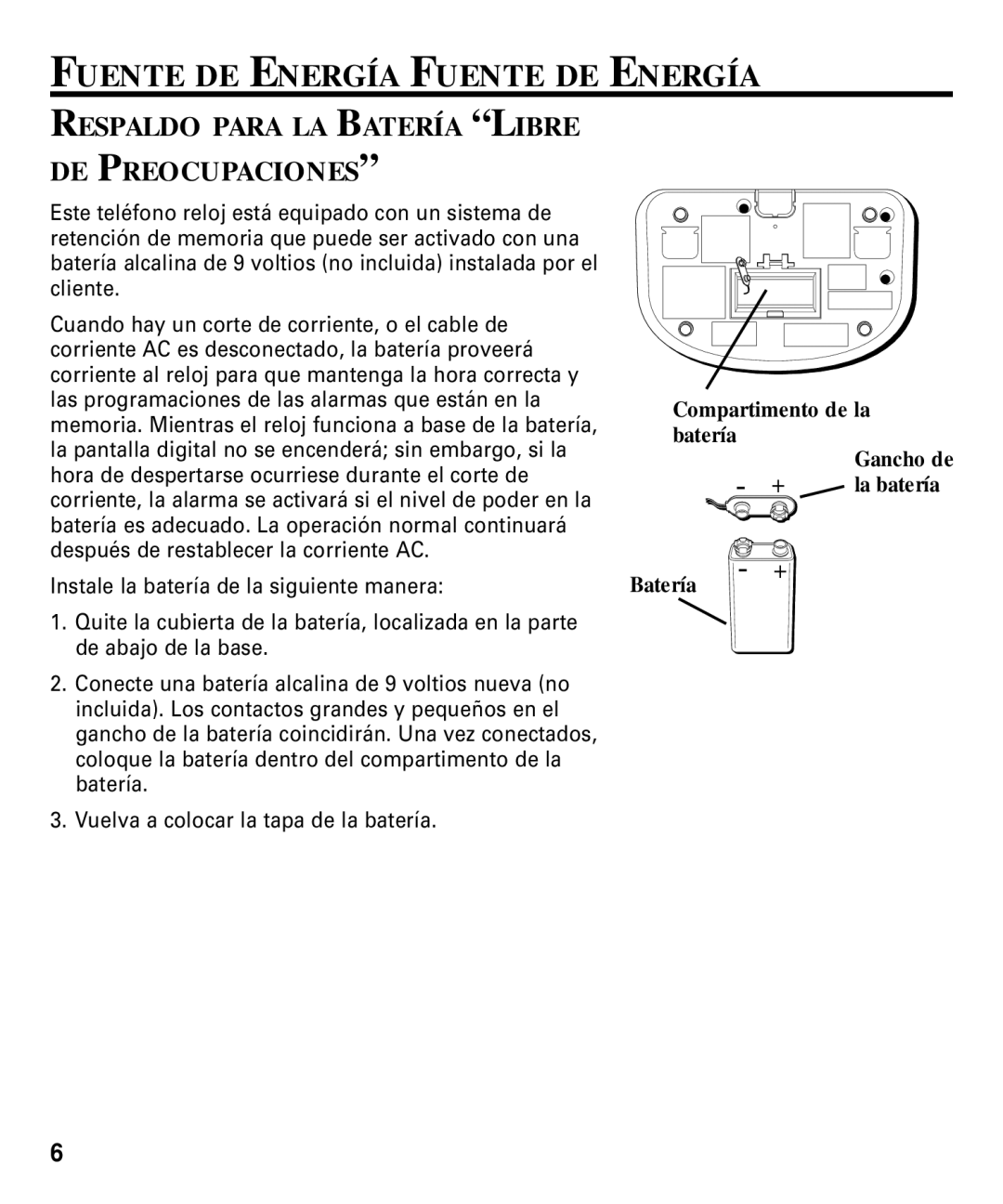 RCA 29292 manual Fuente DE Energía Fuente DE Energía, Respaldo Para LA Batería Libre DE Preocupaciones 