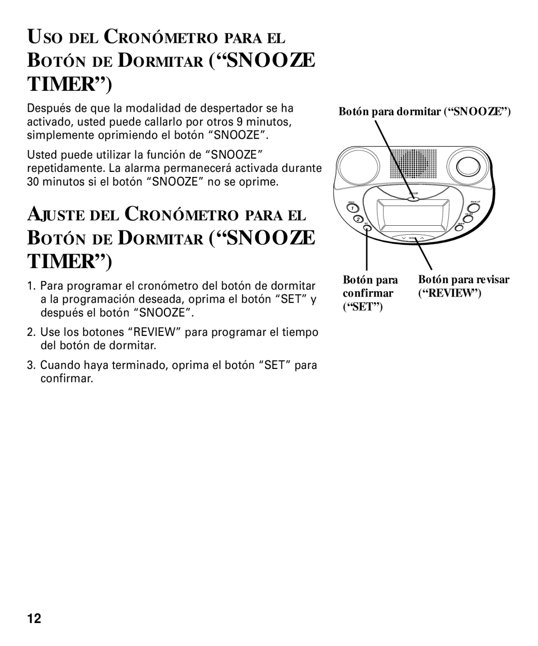 RCA 29292 USO DEL Cronómetro Para EL Botón DE Dormitar Snooze, Ajuste DEL Cronómetro Para EL Botón DE Dormitar Snooze 