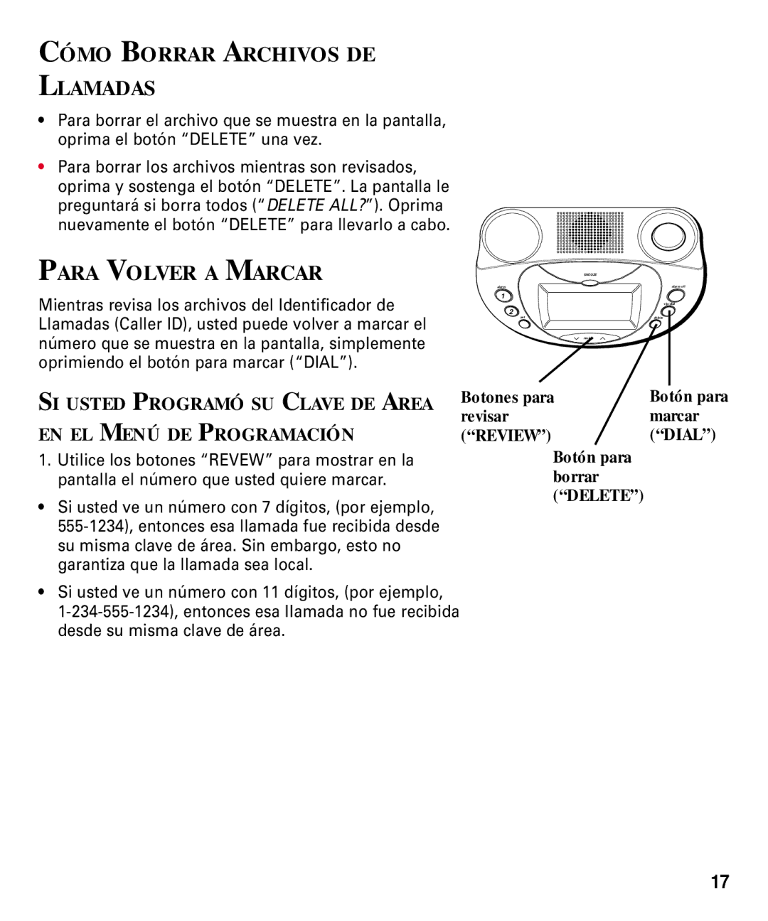 RCA 29292 manual Cómo Borrar Archivos DE Llamadas, Para Volver a Marcar, SI Usted Programó SU Clave DE Area 