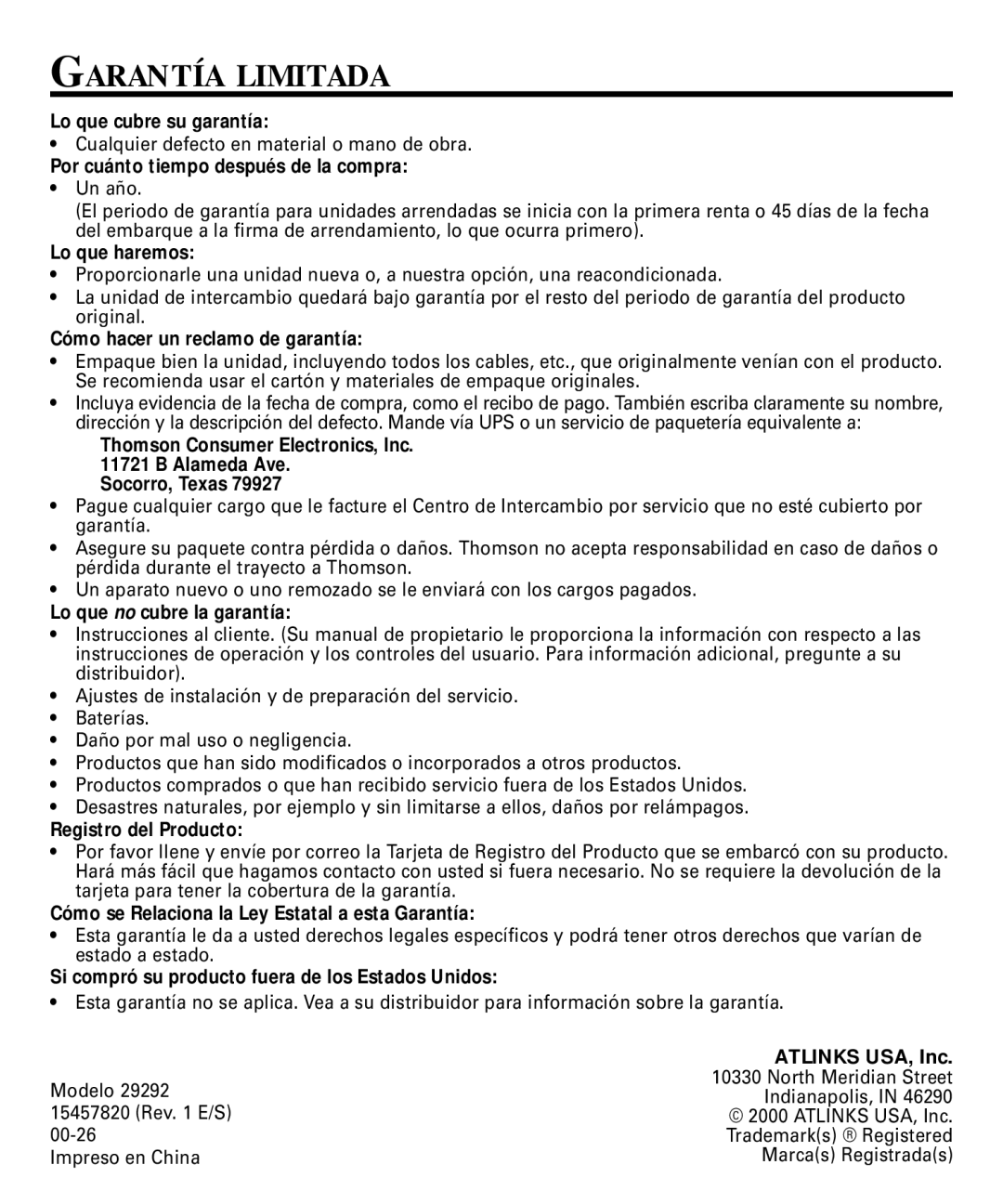 RCA 29292 manual Garantía Limitada, Por cuánto tiempo después de la compra 