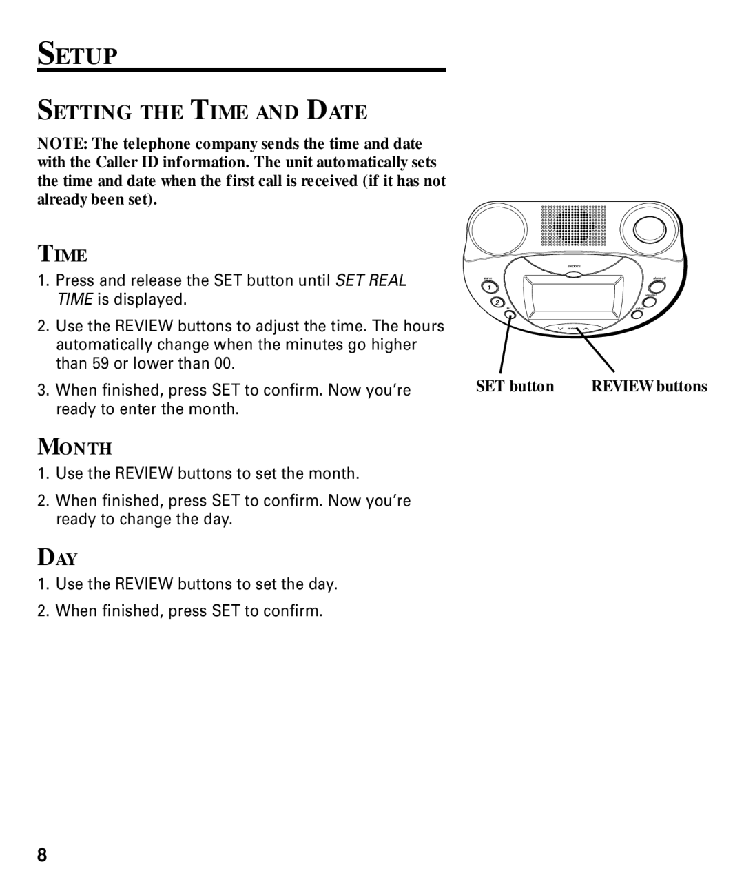 RCA 29292 manual Setup, Setting the Time and Date, Month, Day 