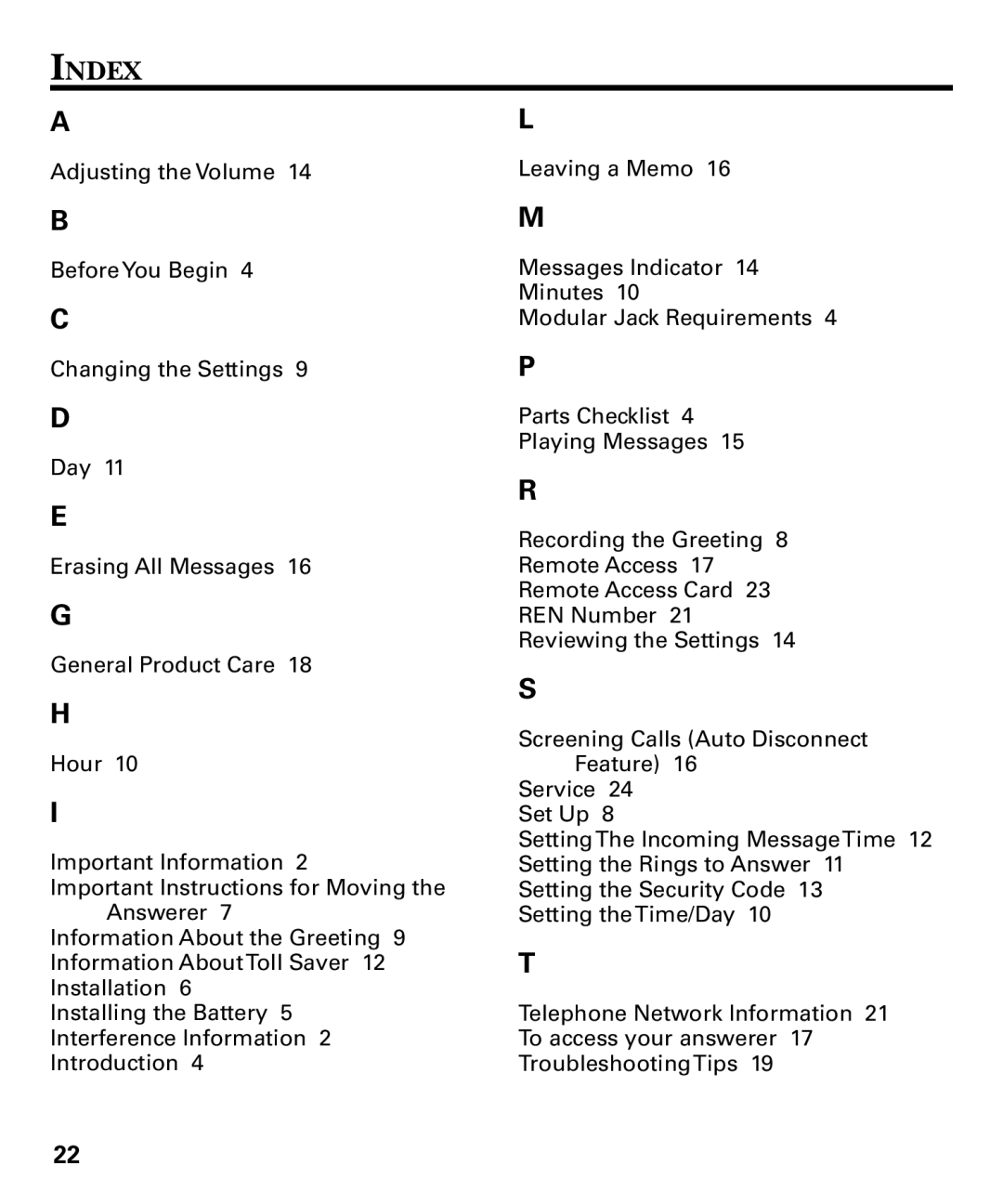 RCA 29878 manual Index 