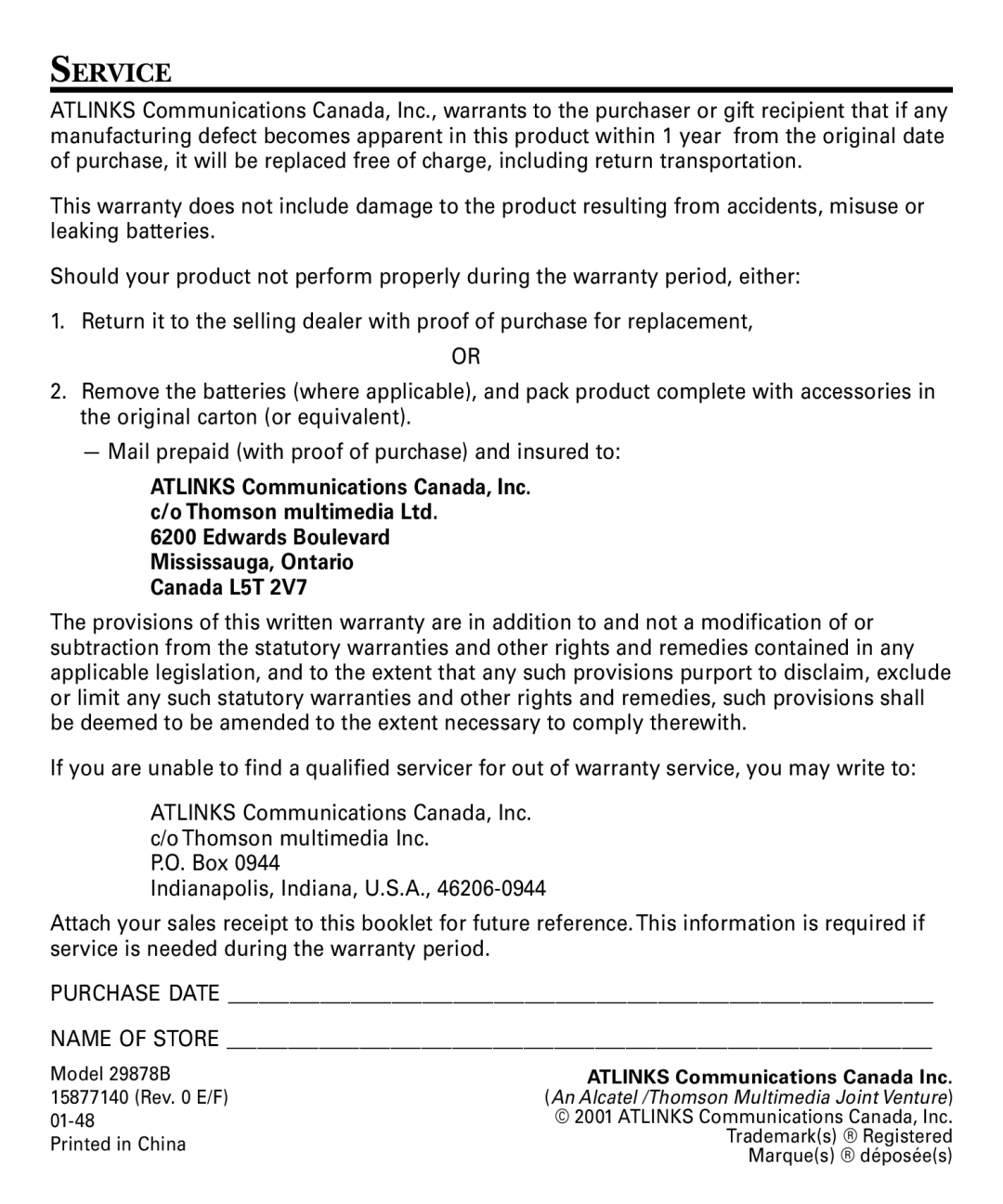 RCA 29878 manual Service, Atlinks Communications Canada Inc 