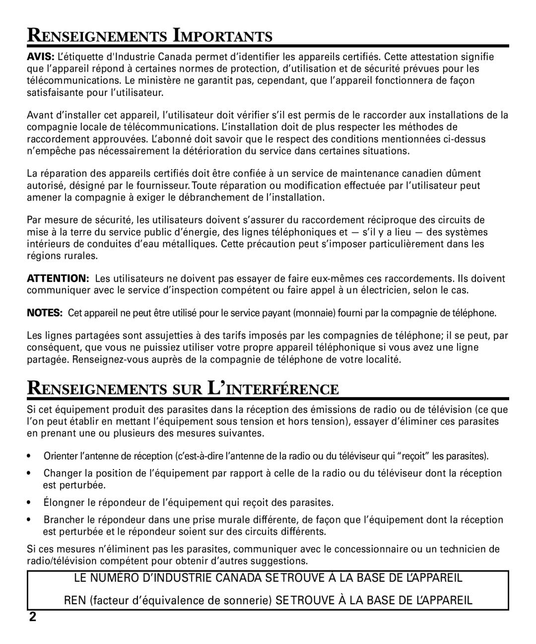 RCA 29878 manual Renseignements Importants, Renseignements SUR L’INTERFÉRENCE 