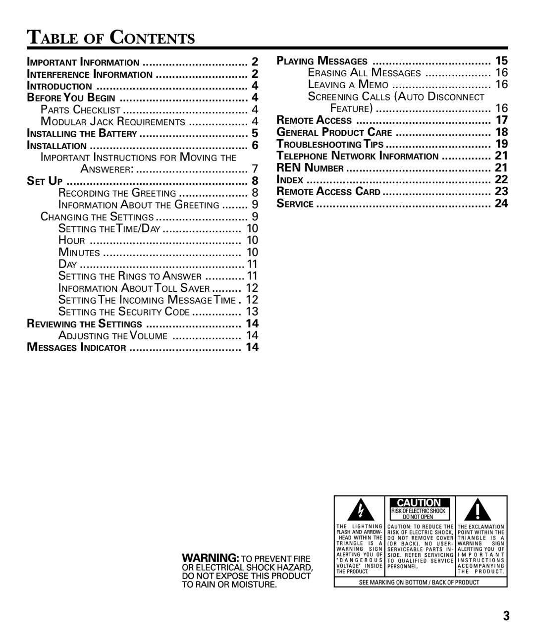 RCA 29878 manual Table of Contents 