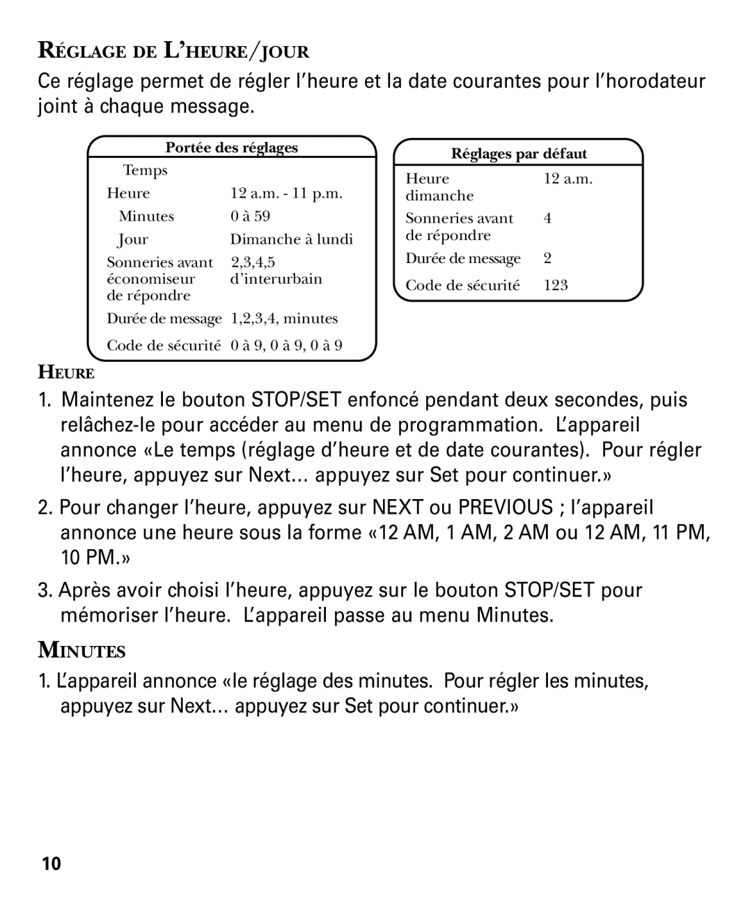 RCA 29878 manual Réglage DE L’HEURE/JOUR 