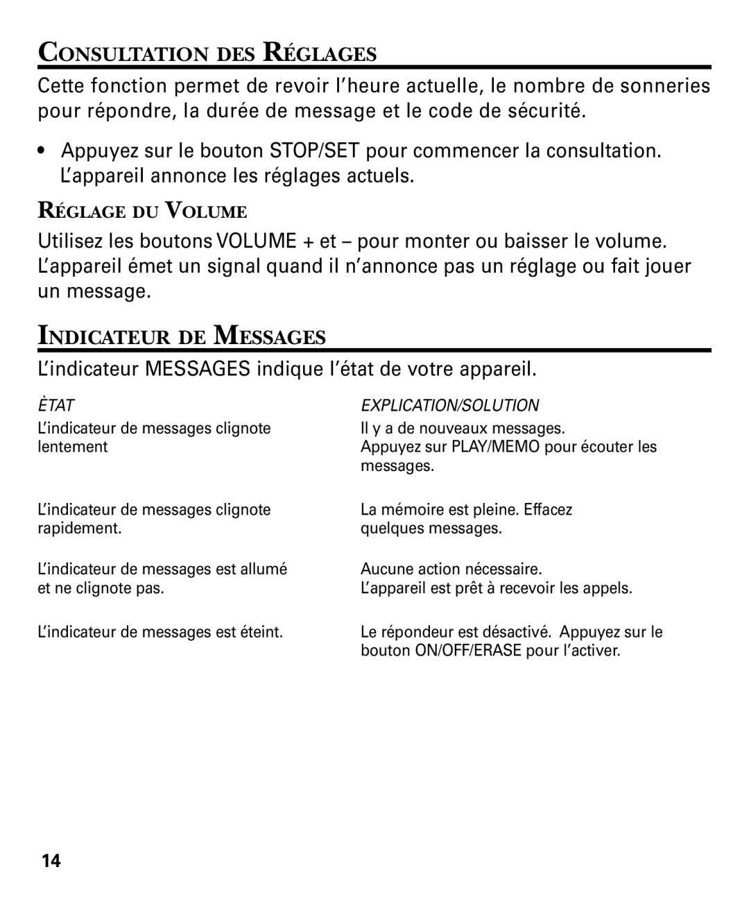 RCA 29878 manual Consultation DES Réglages, Indicateur DE Messages 