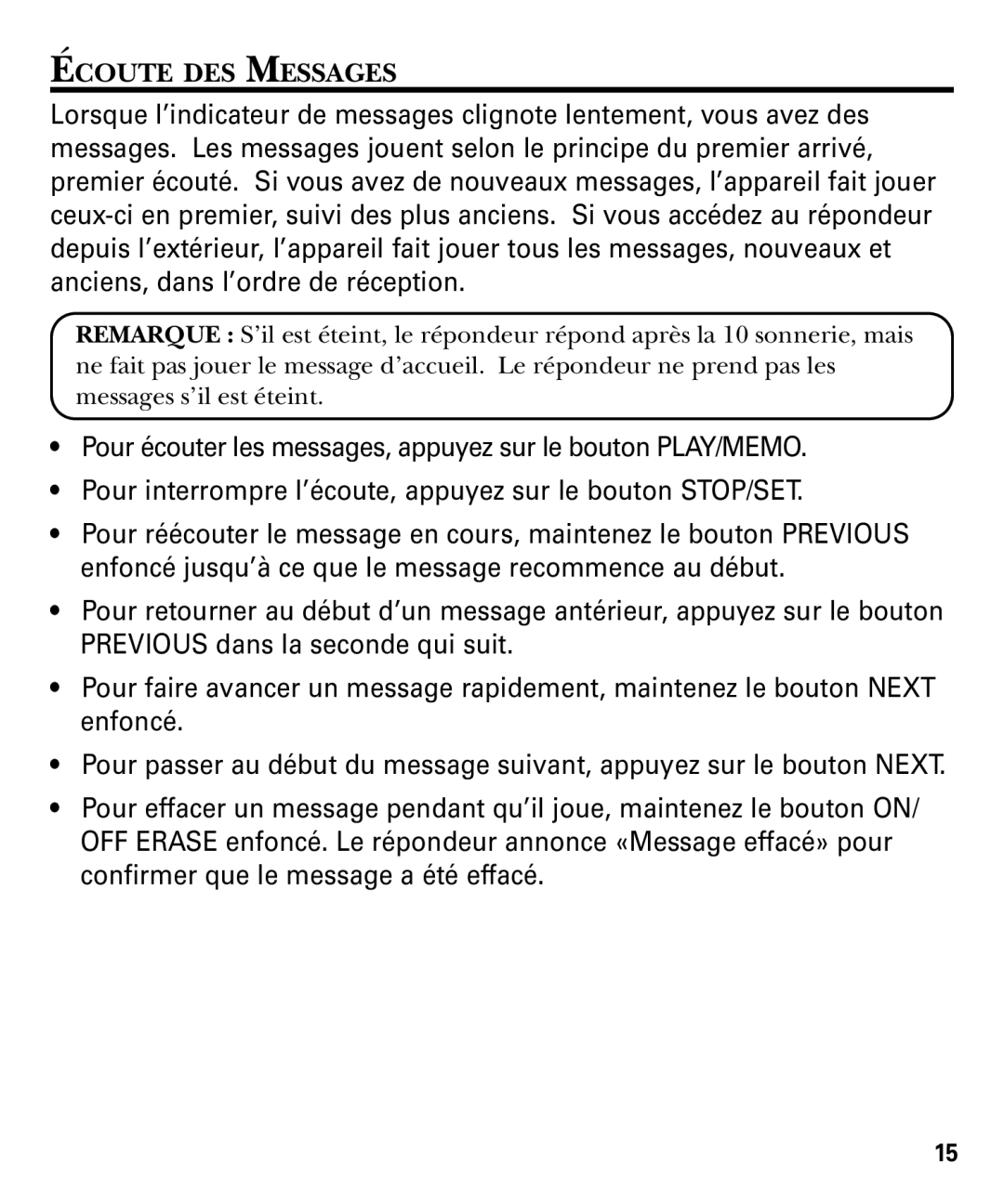 RCA 29878 manual Écoute DES Messages 