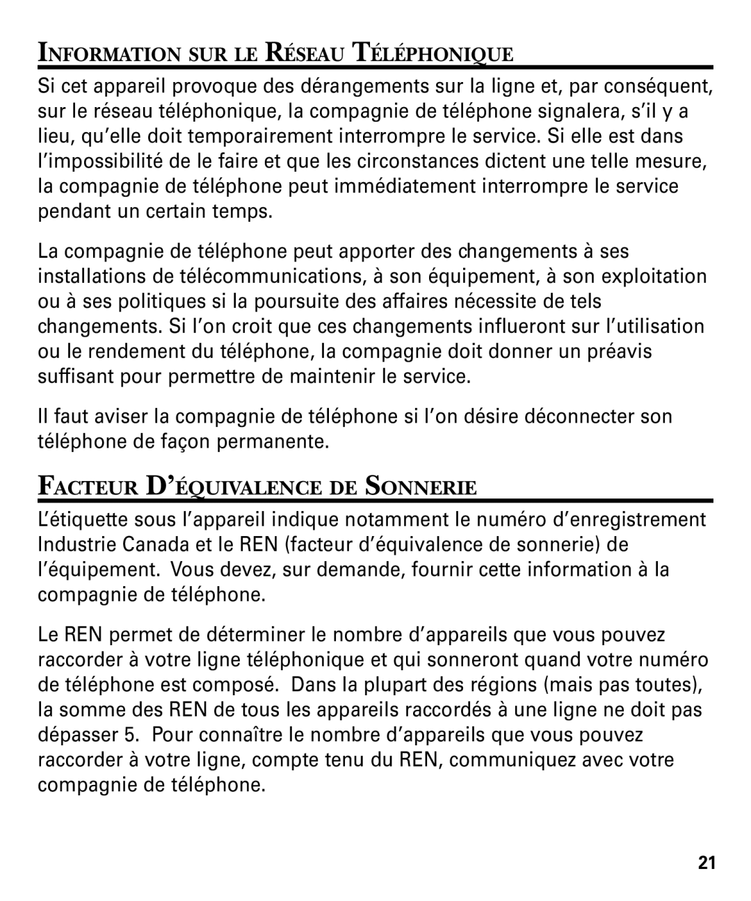 RCA 29878 manual Information SUR LE Réseau Téléphonique, Facteur D’ÉQUIVALENCE DE Sonnerie 