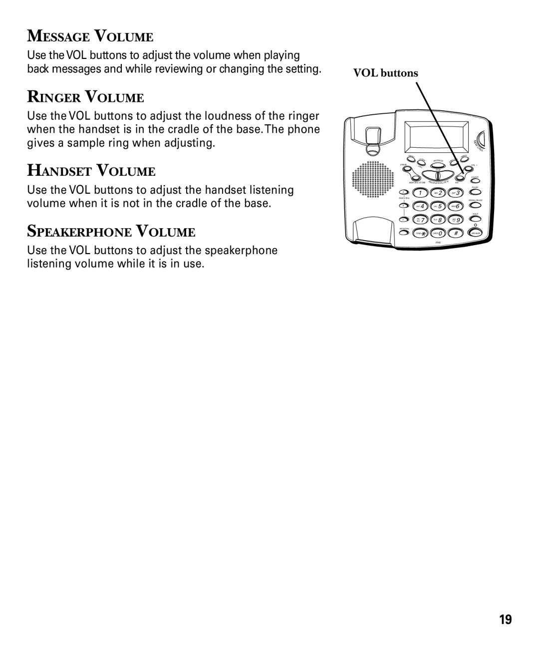 RCA 29893 manual Message Volume, Ringer Volume, Handset Volume, Speakerphone Volume, VOL buttons 