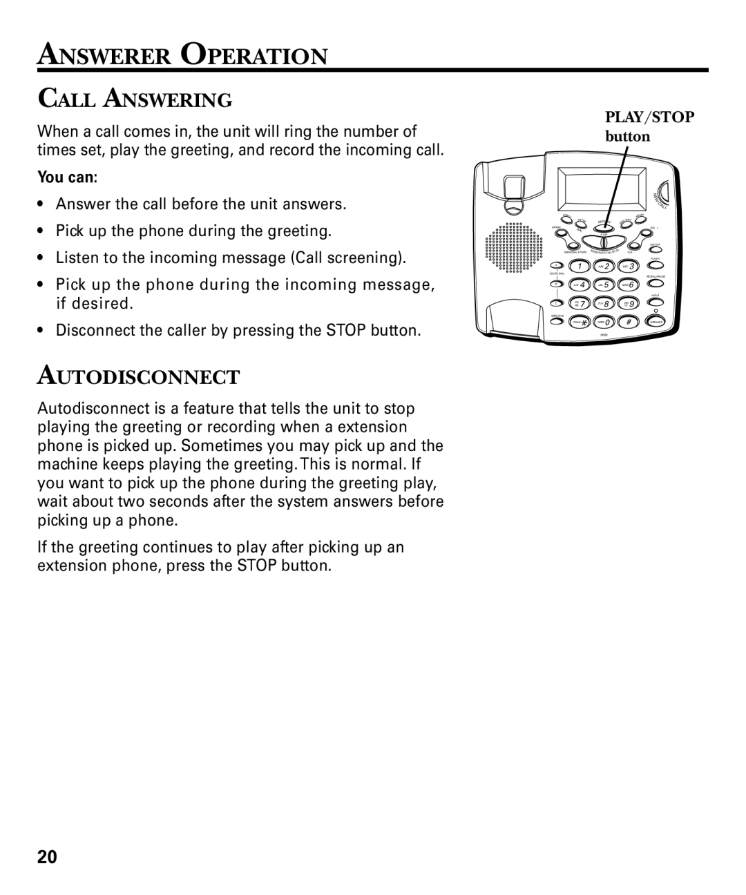 RCA 29893 manual Answerer Operation, Call Answering, Autodisconnect 