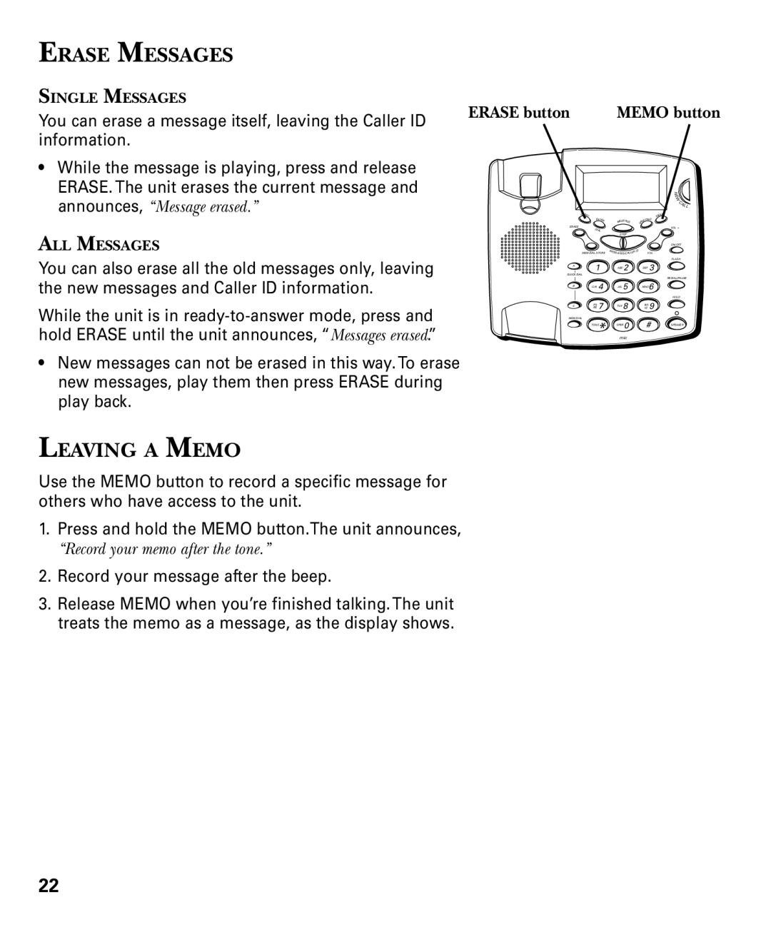 RCA 29893 manual Erase Messages, Leaving a Memo, Erase button 