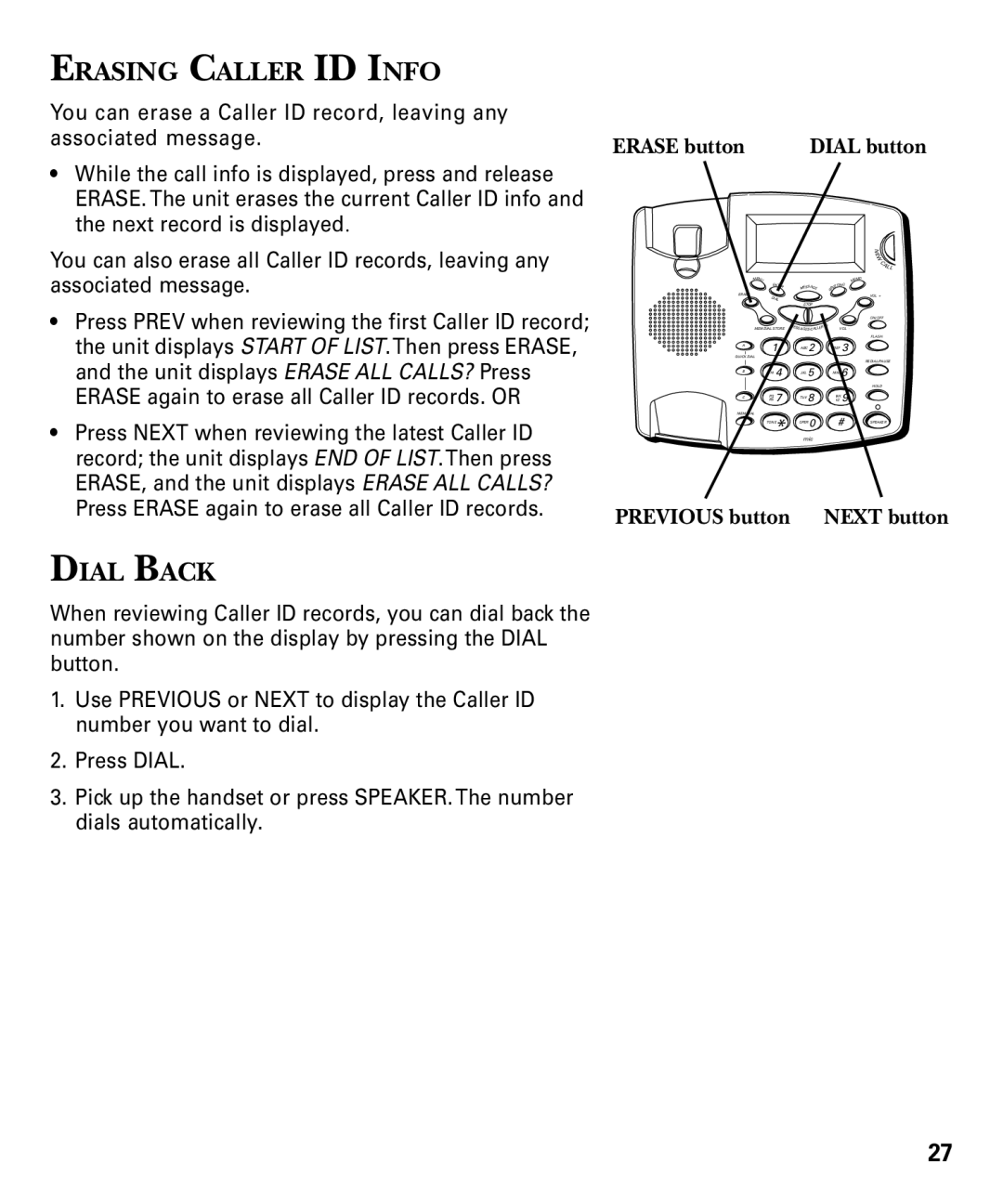 RCA 29893 manual Erasing Caller ID Info, Dial Back, Erase button Dial button 