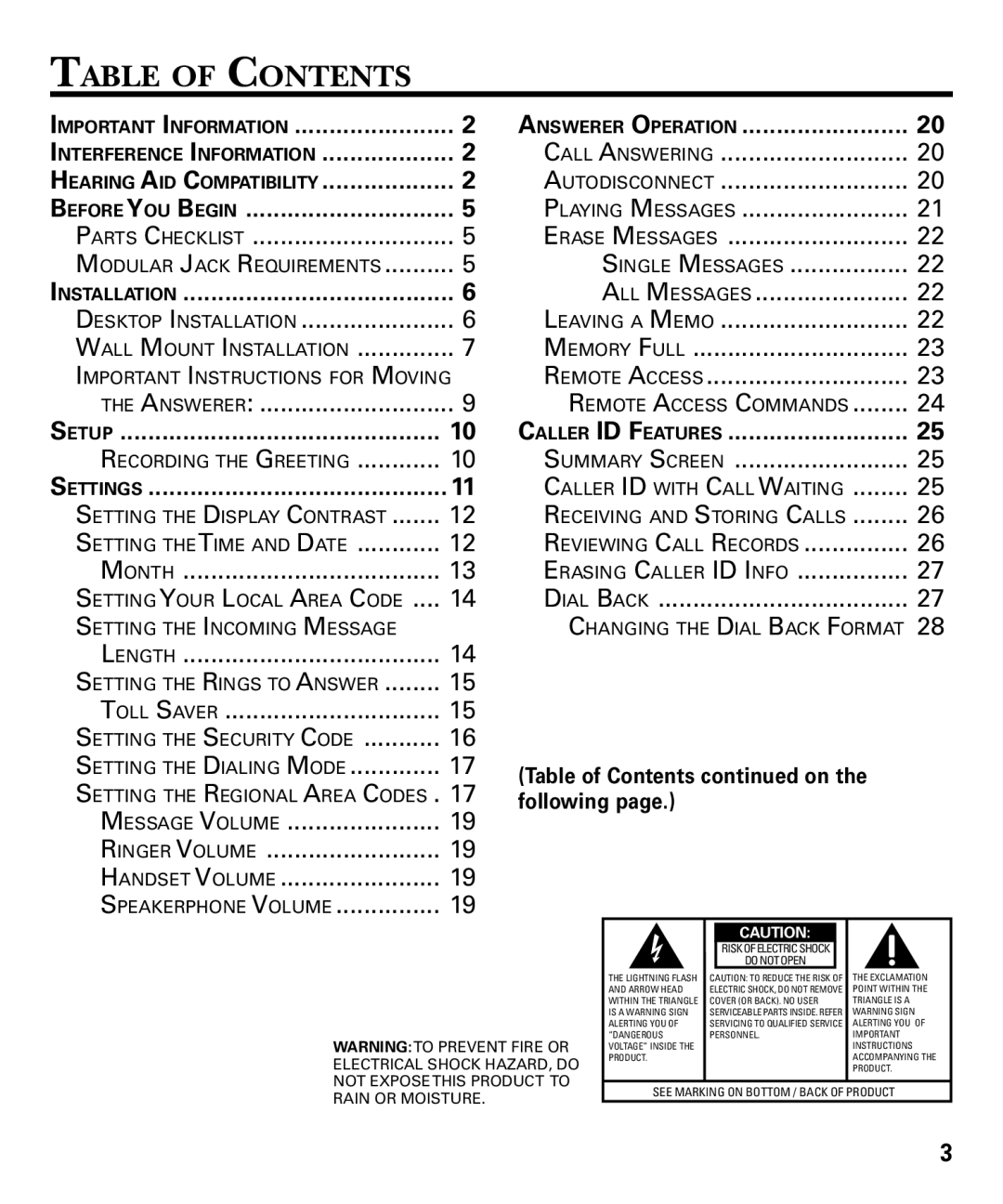 RCA 29893 manual Table of Contents 