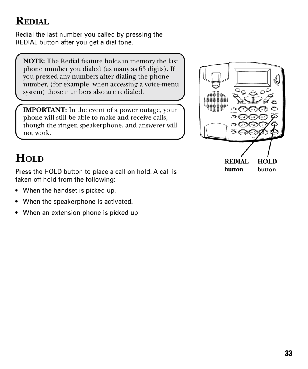 RCA 29893 manual Redial Hold, Button button 