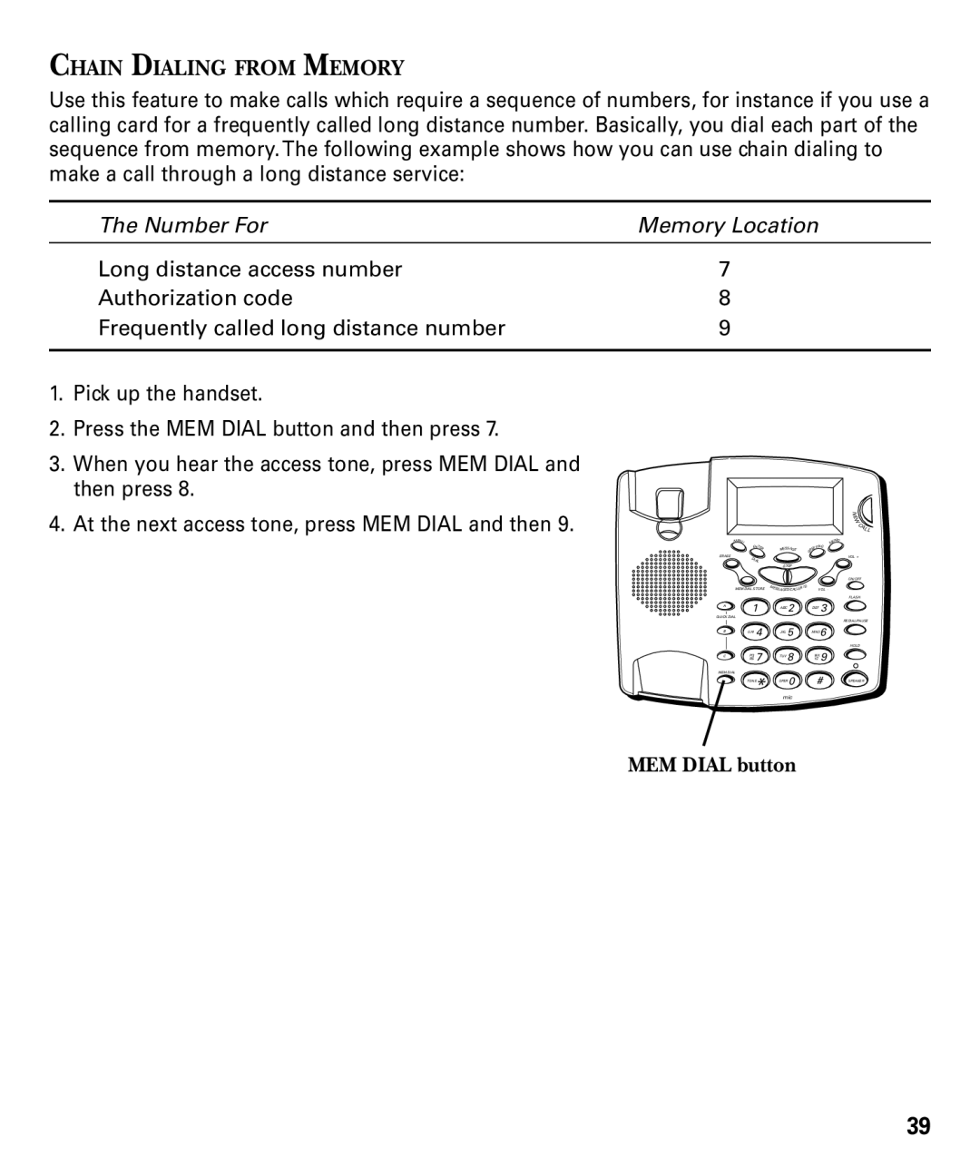 RCA 29893 manual Chain Dialing from Memory, MEM Dial button 