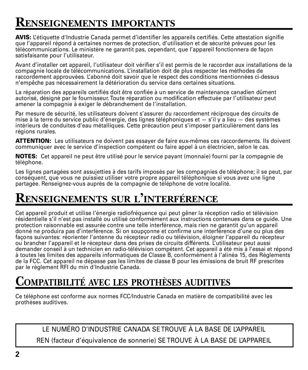 RCA 29893 manual Renseignements Importants, Renseignements SUR L’INTERFÉRENCE, Compatibilité Avec LES Prothèses Auditives 