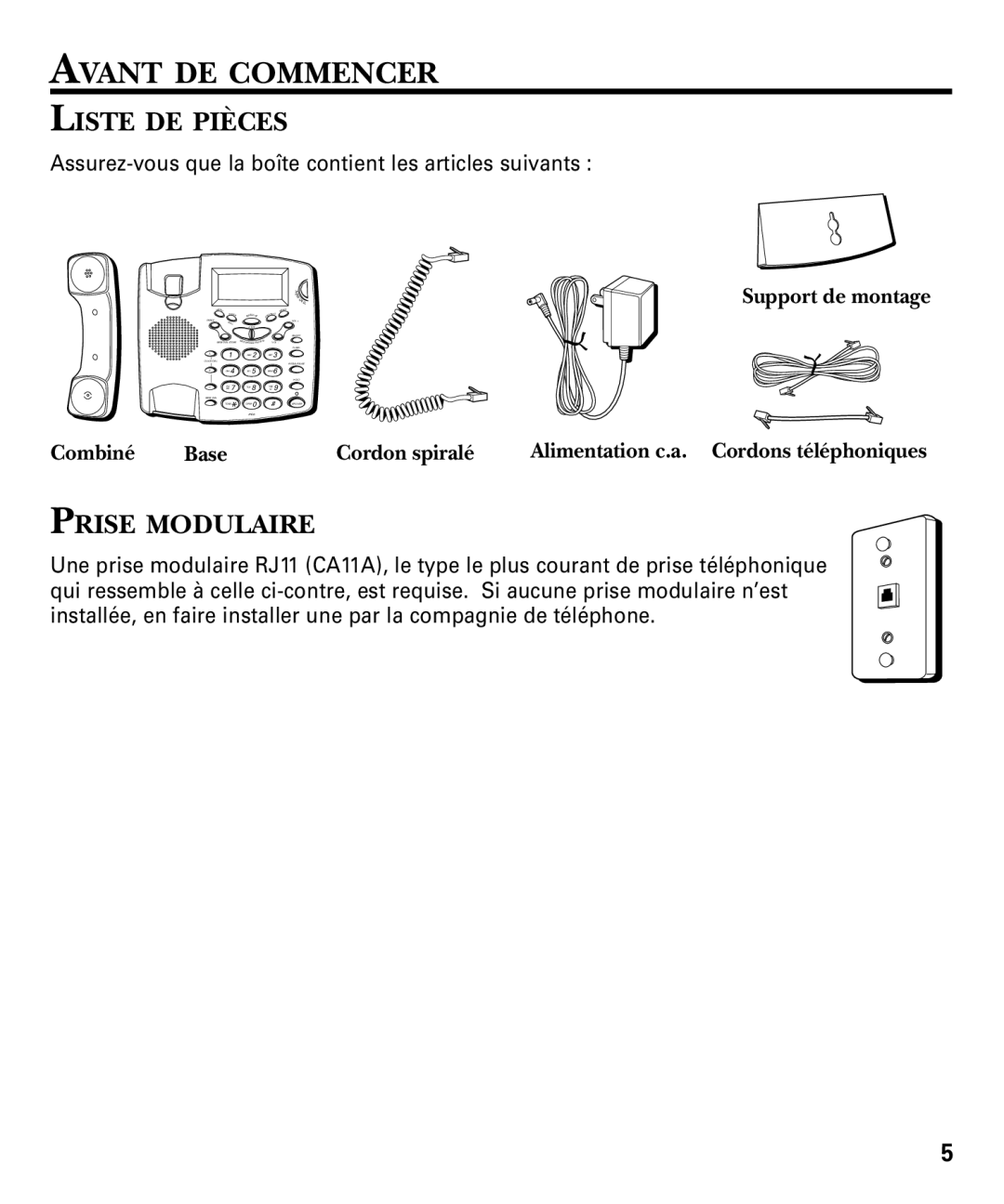 RCA 29893 manual Avant DE Commencer, Liste DE Pièces, Prise Modulaire, Support de montage Combiné Base Cordon spiralé 