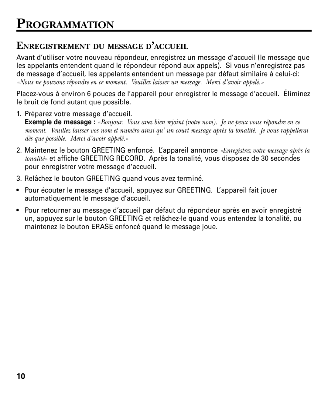 RCA 29893 manual Programmation, Enregistrement DU Message D’ACCUEIL 