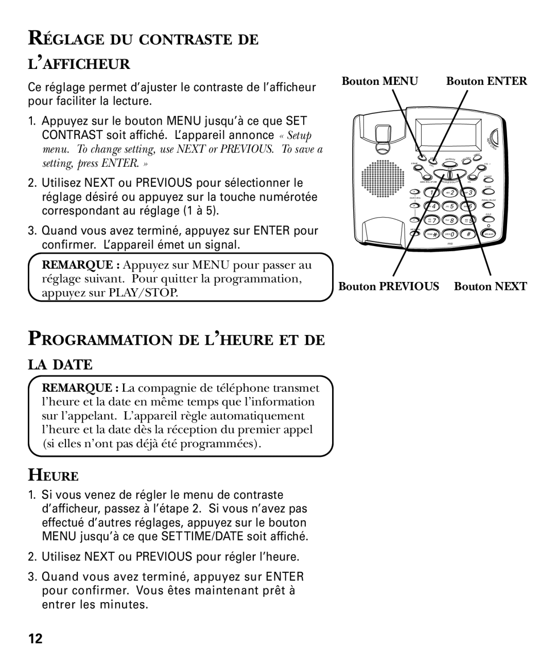 RCA 29893 manual Réglage DU Contraste DE L’AFFICHEUR, Programmation DE L’HEURE ET DE LA Date, Bouton Menu, Heure 