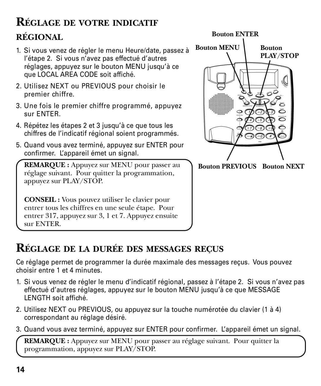 RCA 29893 Réglage DE Votre Indicatif Régional, Réglage DE LA Durée DES Messages Reçus, Bouton Enter Bouton Menu Bouton 