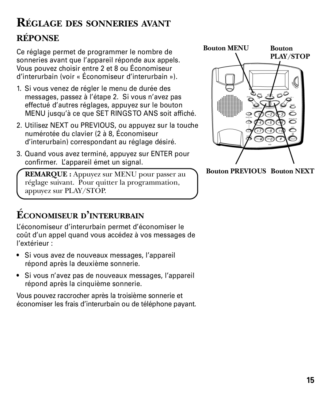 RCA 29893 manual Réglage DES Sonneries Avant Réponse, Économiseur D’INTERURBAIN 