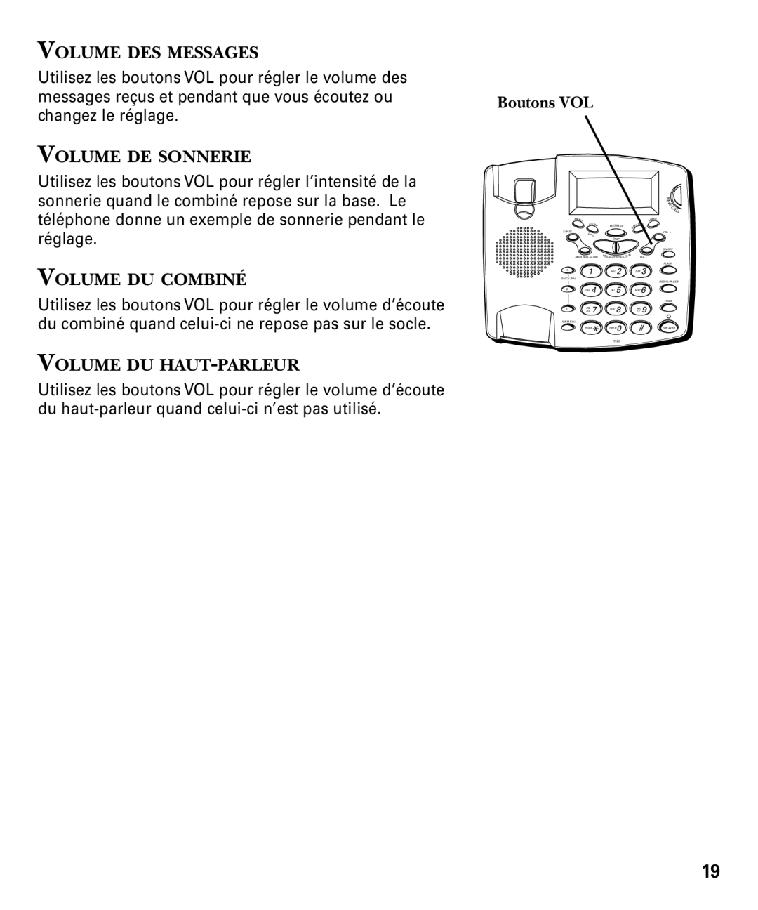 RCA 29893 manual Volume DES Messages, Volume DE Sonnerie, Volume DU Combiné, Volume DU HAUT-PARLEUR, Boutons VOL 