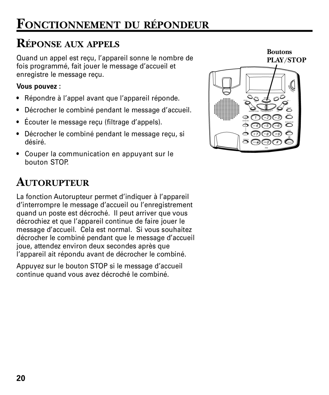 RCA 29893 manual Fonctionnement DU Répondeur, Réponse AUX Appels, Autorupteur, Boutons 