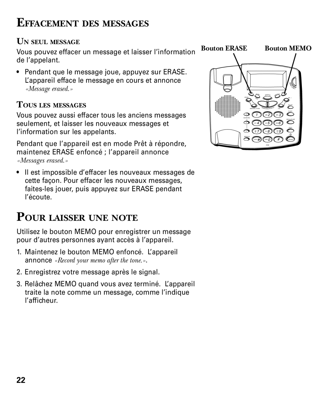 RCA 29893 manual Effacement DES Messages, Pour Laisser UNE Note, Bouton Erase 