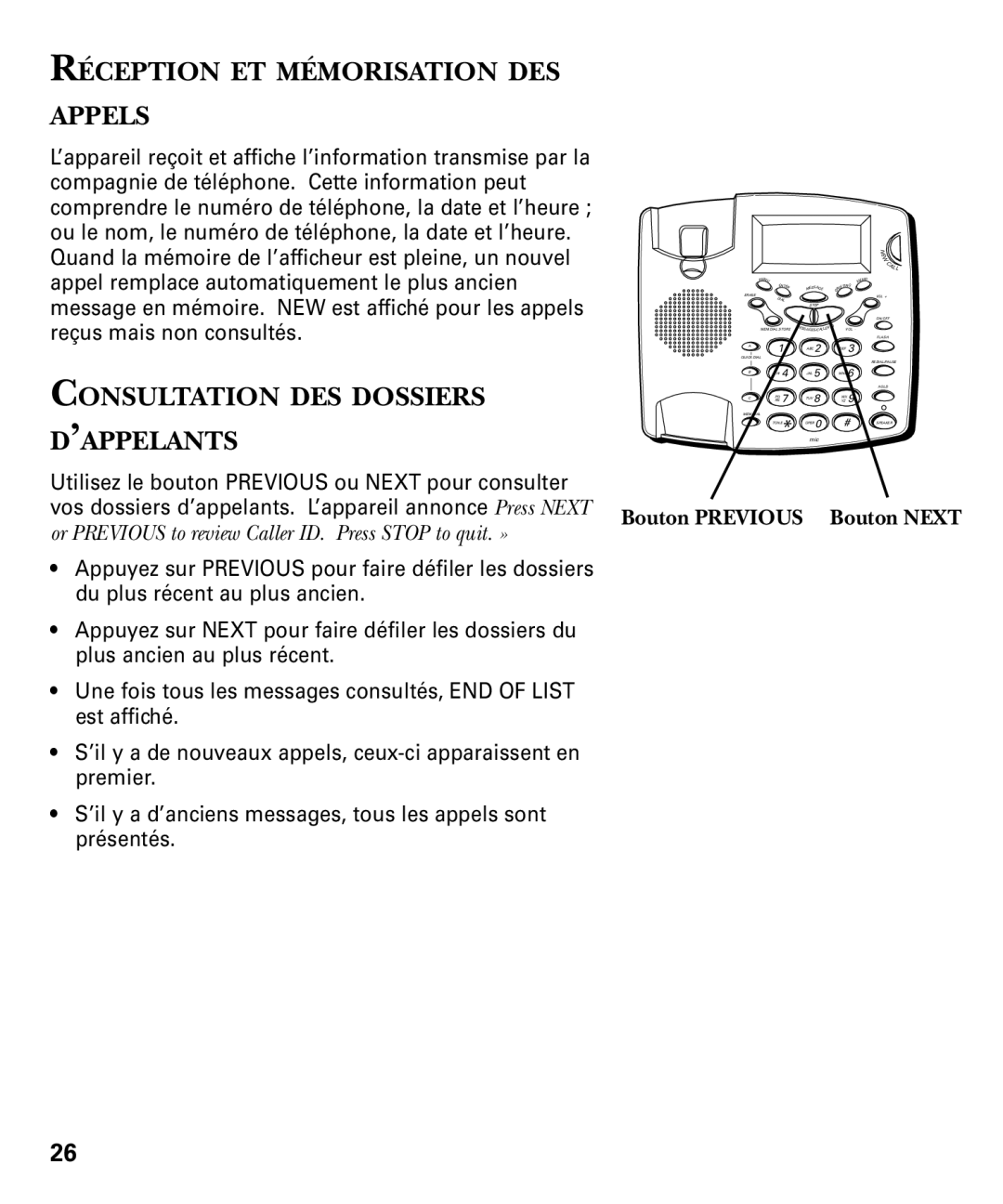 RCA 29893 manual Réception ET Mémorisation DES Appels, Consultation DES Dossiers D’APPELANTS 