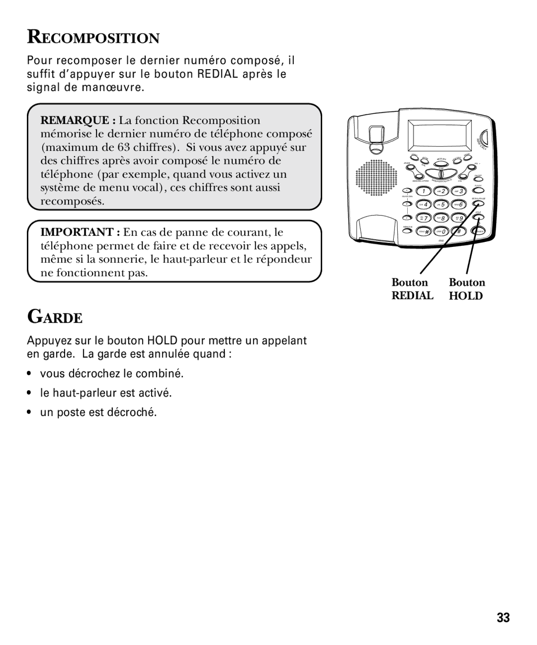 RCA 29893 manual Recomposition, Garde, Bouton Bouton 