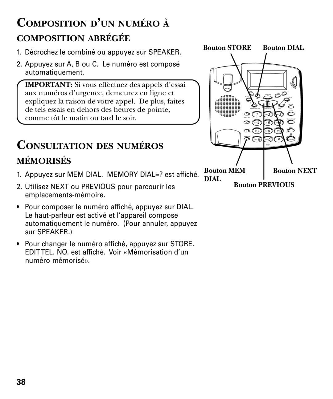 RCA 29893 manual Composition D’UN Numéro À Composition Abrégée, Consultation DES Numéros Mémorisés, Bouton Previous 