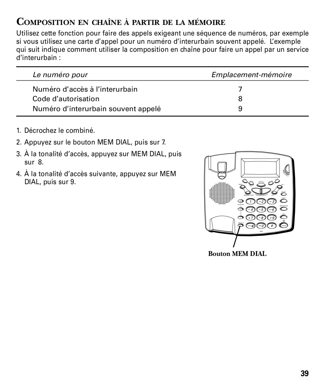 RCA 29893 manual Composition EN Chaîne À Partir DE LA Mémoire, Bouton MEM Dial 