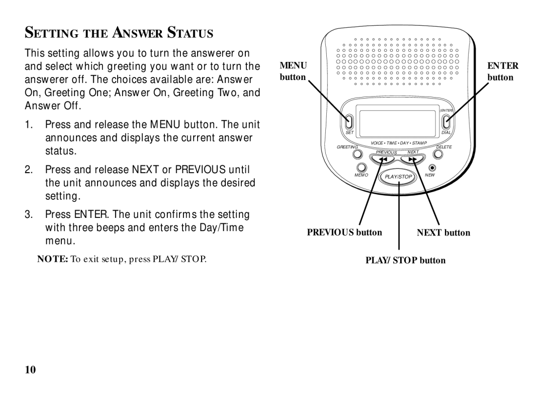 RCA 29993 manual Setting the Answer Status, Menu Enter 