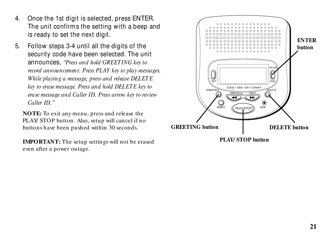 RCA 29993 manual Greeting button Delete button 