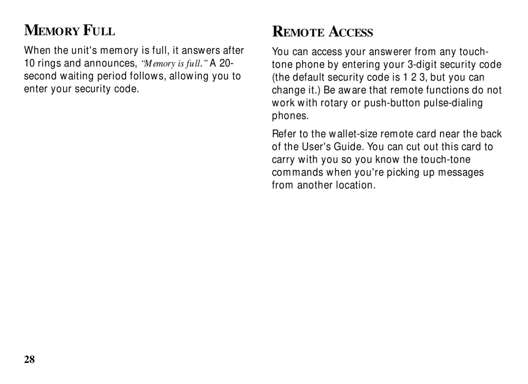 RCA 29993 manual Memory Full, Remote Access 