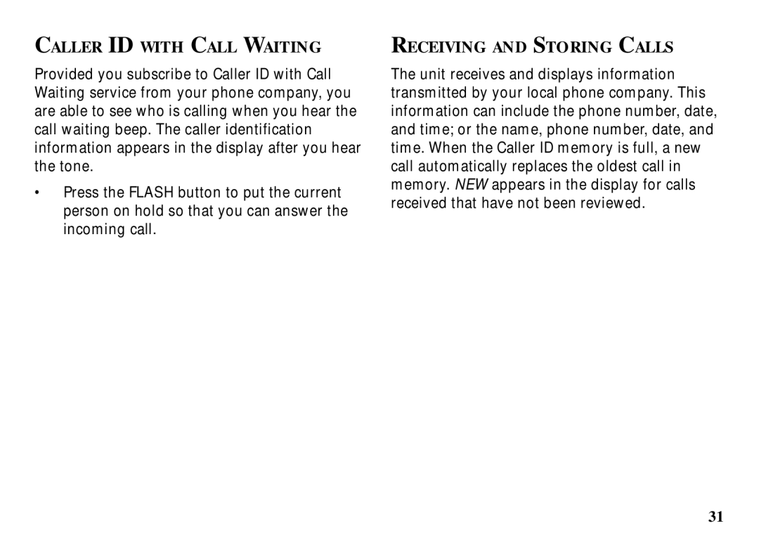 RCA 29993 manual Caller ID with Call Waiting, Receiving and Storing Calls 