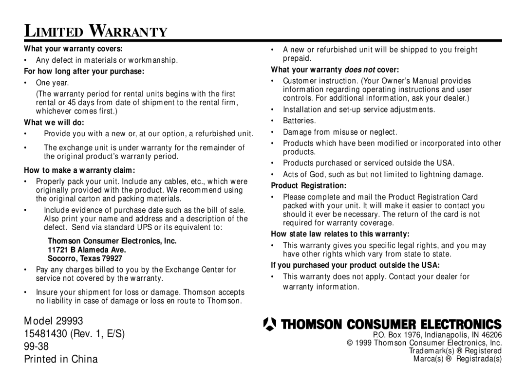 RCA 29993 manual Limited Warranty, For how long after your purchase 