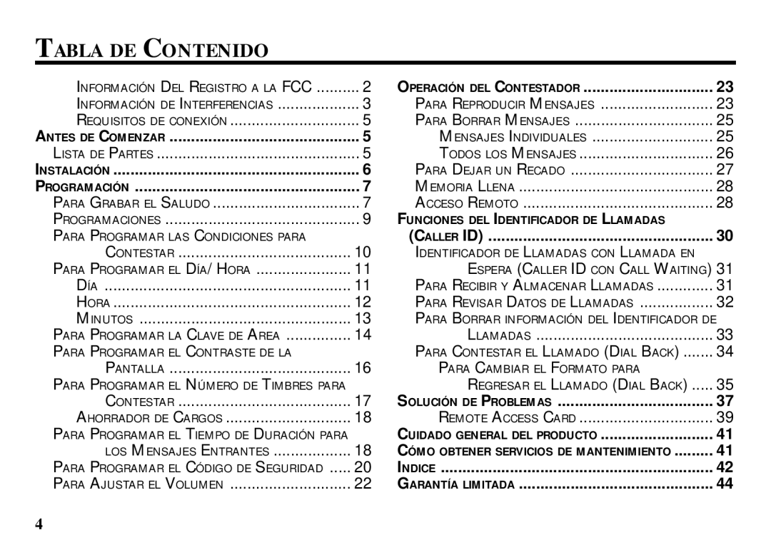 RCA 29993 manual Tabla DE Contenido, Operación DEL Contestador 